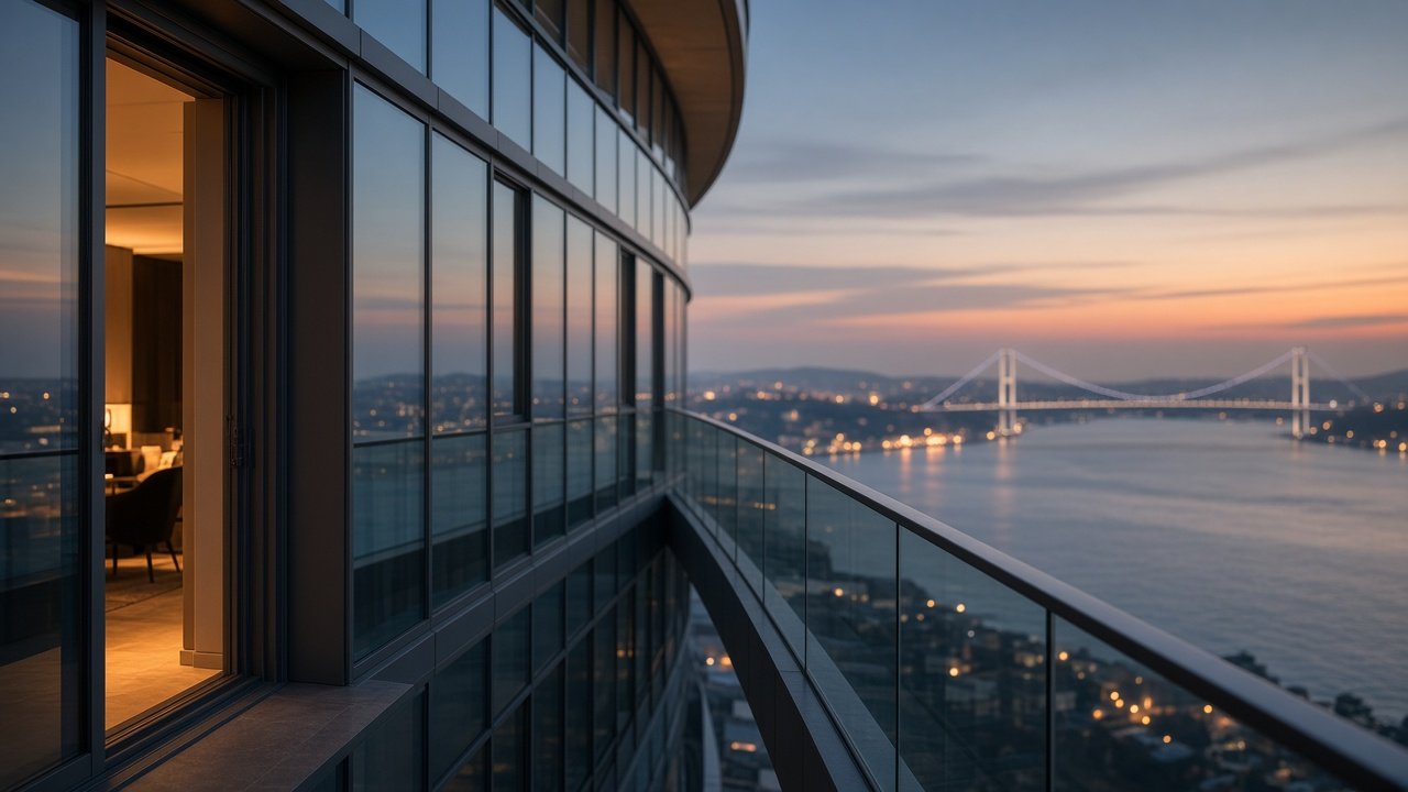Cam korkuluklu yüksek balkon, kıvrılan cephe ve Boğaz