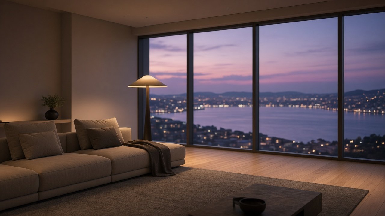 Akşam, yerden tavana camlı modern bir salon ve Boğaz ışıkları